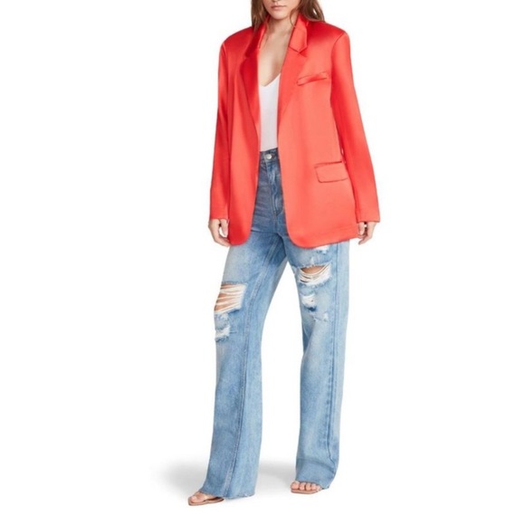 BB Dakota Steve Madden Smooth Talk Blazer Satin Open Front Red XS New Oversized - Picture 1 of 14